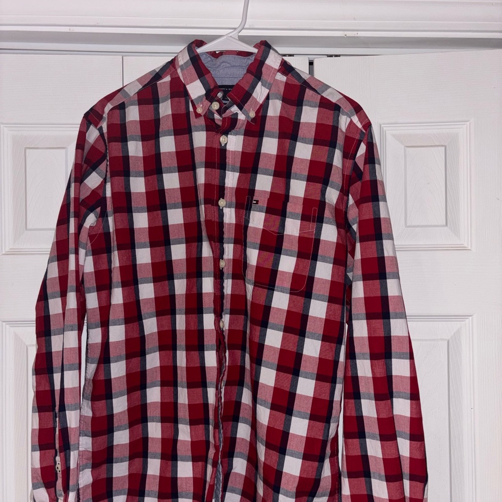 Tommy Hilfiger Men's Red Blue and White Checkered Shirt and TH tee. 2 items.